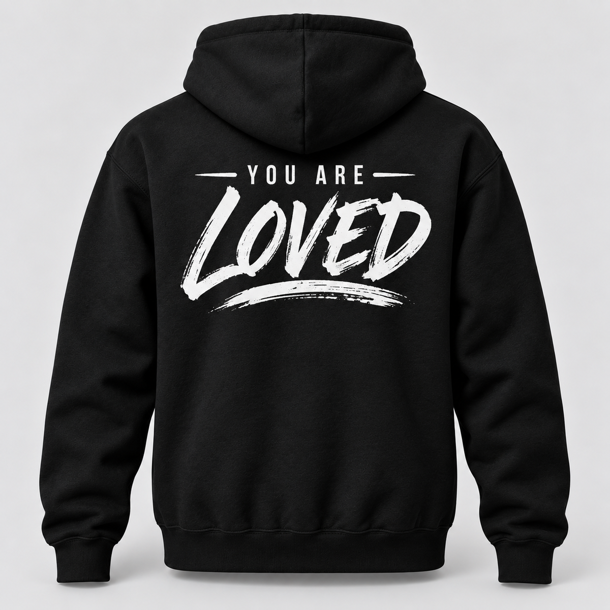 Back of black Church of Exiles hoodie with white You Are Loved graphic