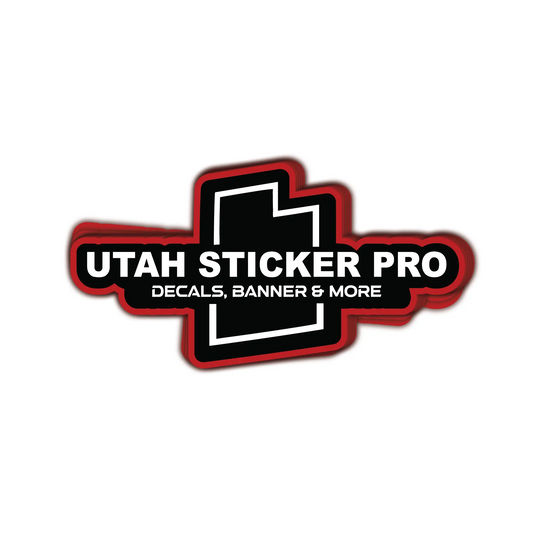 Utah Sticker Pro logo in black, white and red with Decals, Banner and More lettering.