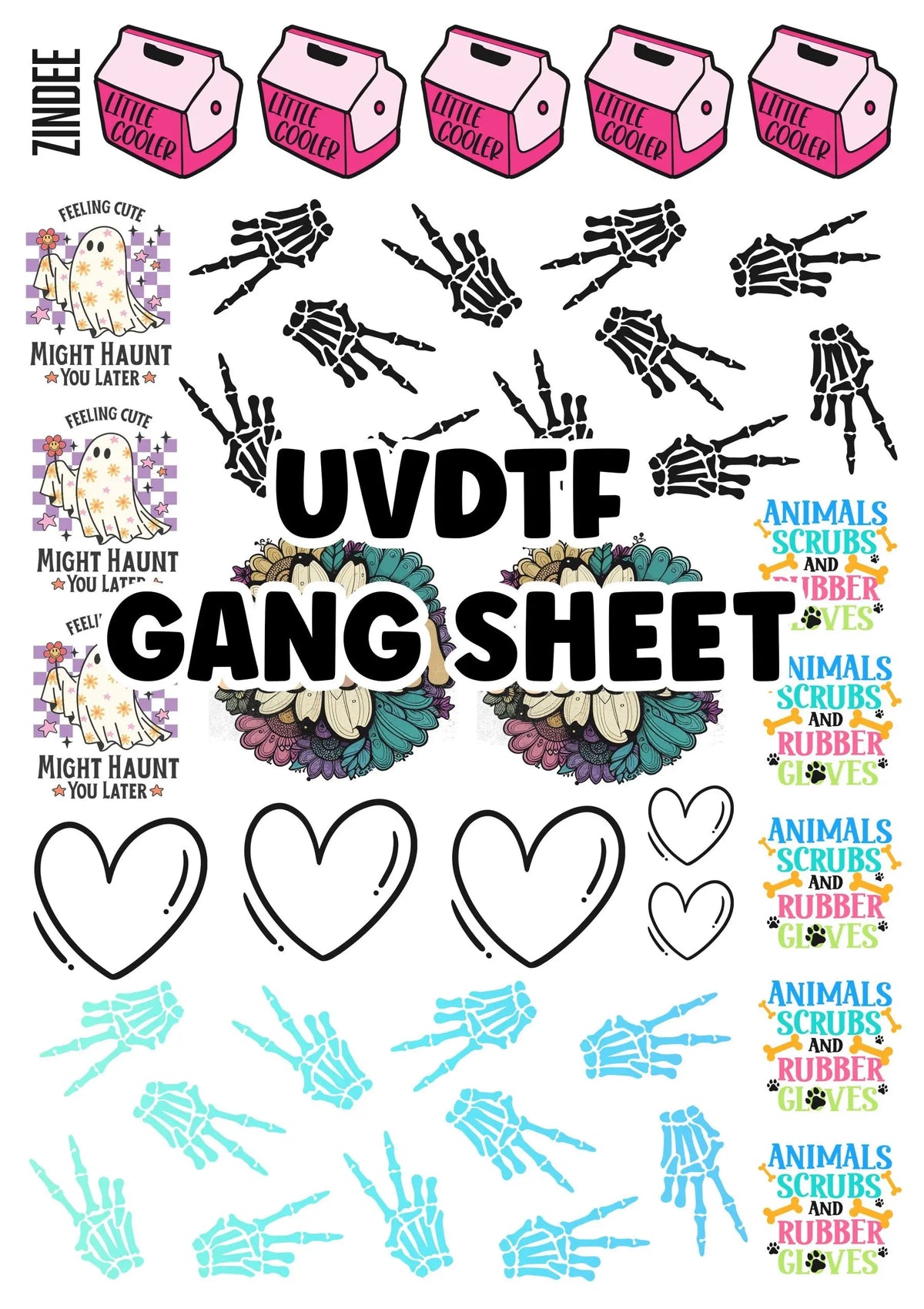 UV DTF gang sheet with hearts, skeleton hands, colorful text and other small designs.