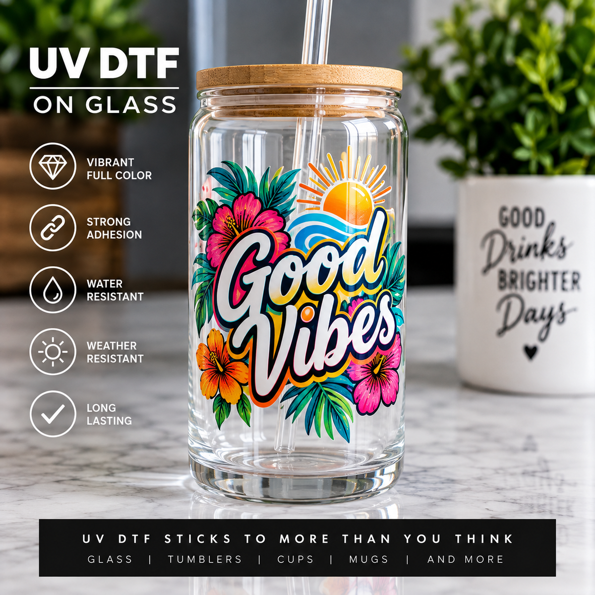 Custom UV DTF decal applied to a glass surface, printed by Utah Laser Pro in Clearfield, UT
