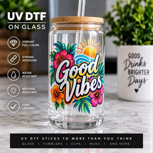 Custom UV DTF decal applied to a glass surface, printed by Utah Laser Pro in Clearfield, UT
