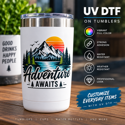 Custom UV DTF decal applied to a stainless steel tumbler, printed by Utah Laser Pro in Clearfield, UT
