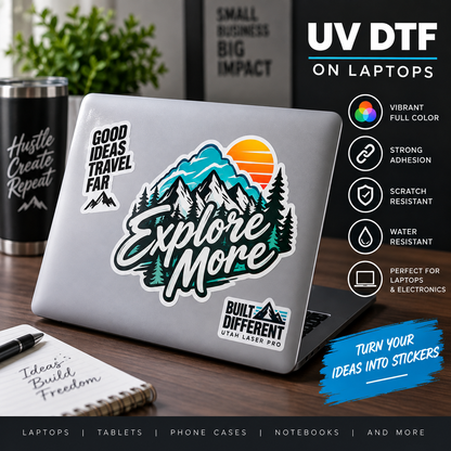 Custom UV DTF decal applied to a laptop lid, printed by Utah Laser Pro in Clearfield, UT