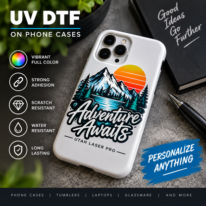 Custom UV DTF decal applied to a phone case, printed by Utah Laser Pro in Clearfield, UT