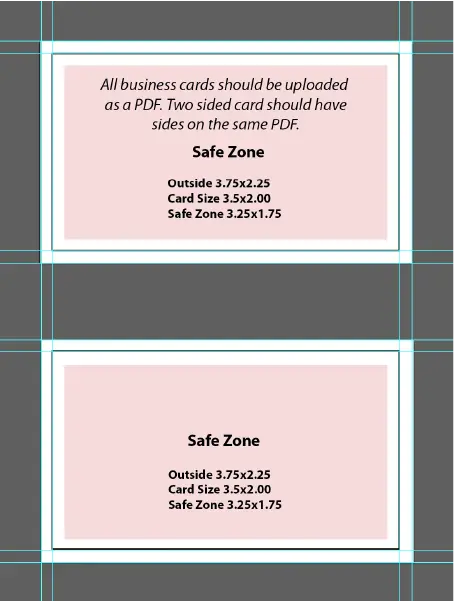 Front and back business card template showing bleed, finished trim size and safe areas.