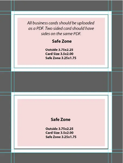 Front and back business card template showing bleed, finished trim size and safe areas.