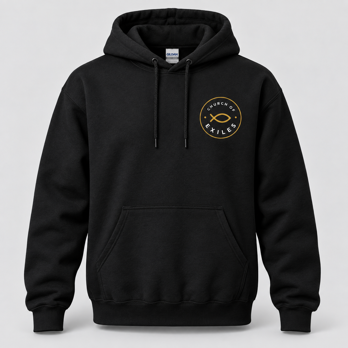 Black Gildan 18500 hoodie mockup with Church of Exiles emblem on the left chest