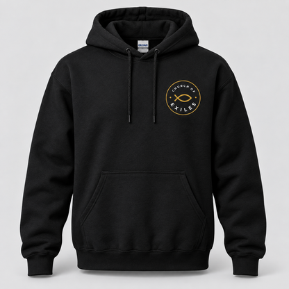 Black Gildan 18500 hoodie mockup with Church of Exiles emblem on the left chest