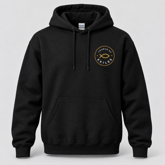 Black Gildan 18500 hoodie mockup with Church of Exiles emblem on the left chest