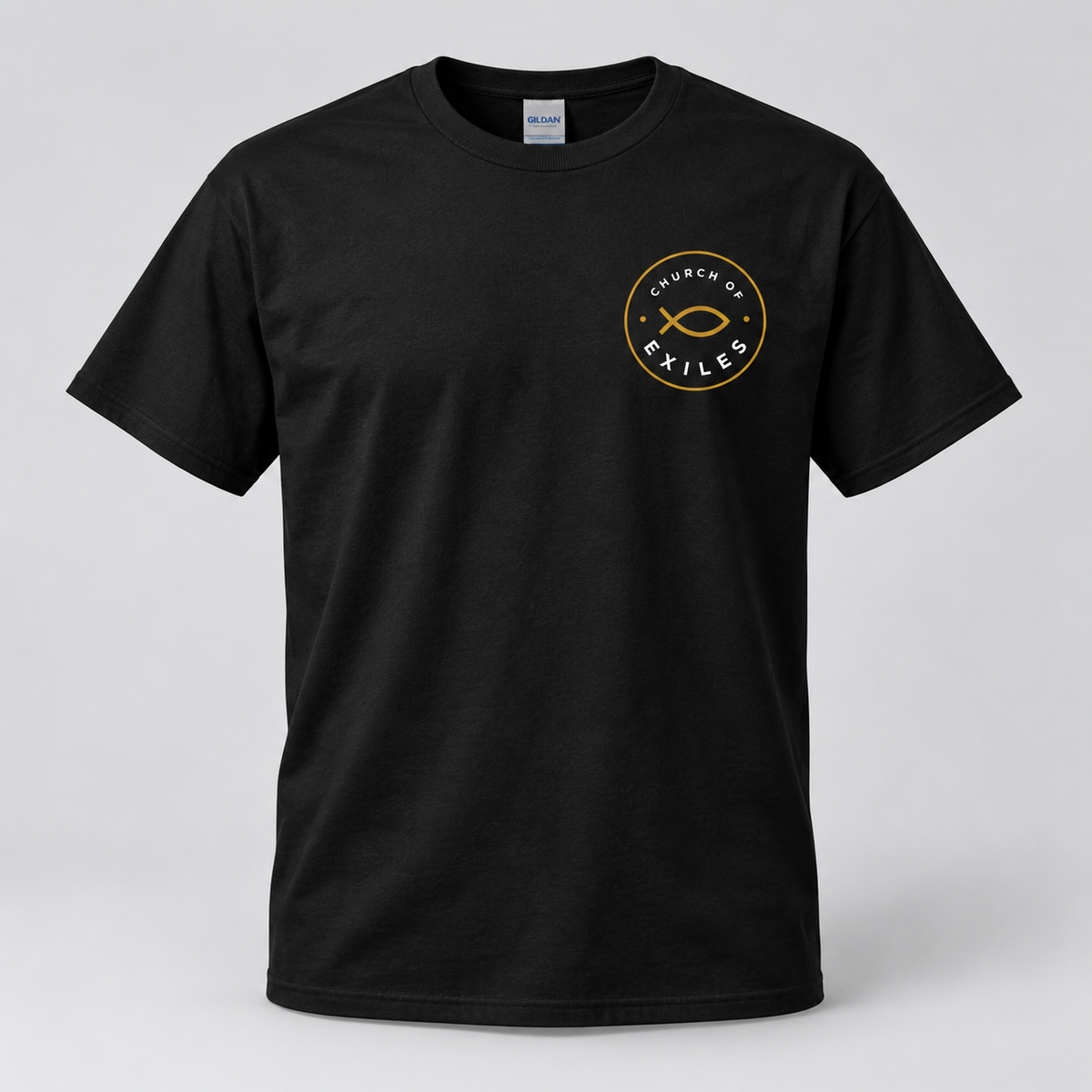 Black Gildan 8000 T-shirt mockup with Church of Exiles emblem on the left chest