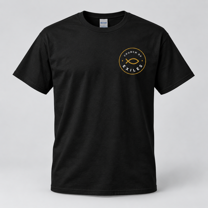 Black Gildan 8000 T-shirt mockup with Church of Exiles emblem on the left chest