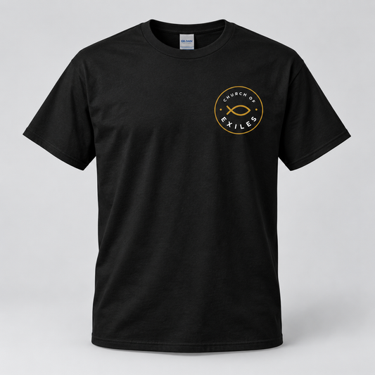 Black Gildan 8000 T-shirt mockup with Church of Exiles emblem on the left chest