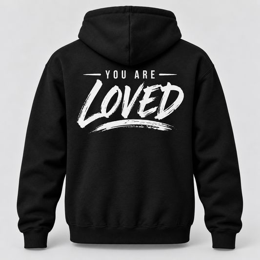 Back of black Church of Exiles hoodie with white You Are Loved graphic