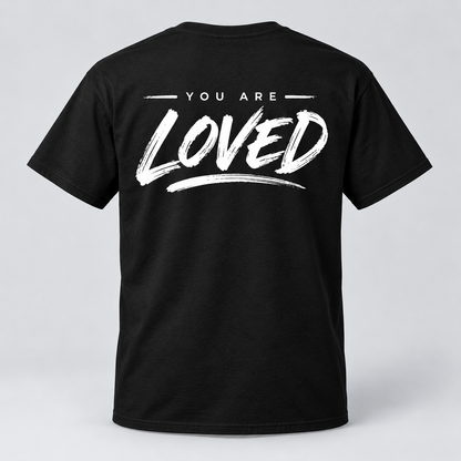 Back of black Church of Exiles T-shirt with white You Are Loved graphic
