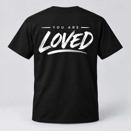 Back of black Church of Exiles T-shirt with white You Are Loved graphic