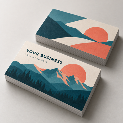 Mockup of double-sided business cards with teal mountains and orange sunset artwork.