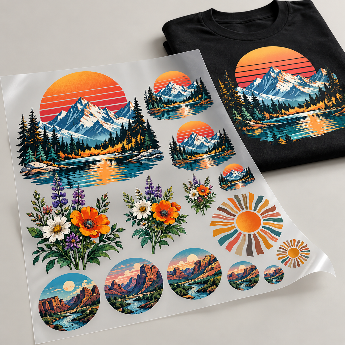 Mockup of a DTF gang sheet with mountain, flower and sun designs beside a black T-shirt with a matching print.