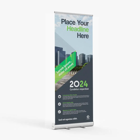 Freestanding retractable banner with sample business artwork and a silver base.