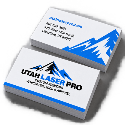 Mockup of Utah Laser Pro business card fronts and backs with blue and black branding and contact details.