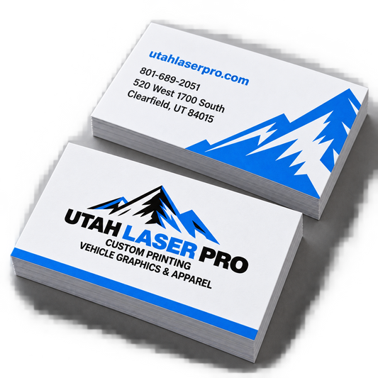 Mockup of Utah Laser Pro business card fronts and backs with blue and black branding and contact details.