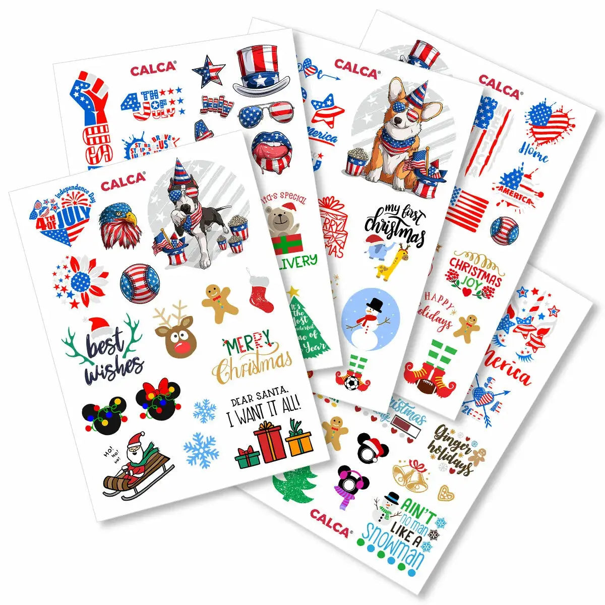 Assorted UV DTF decal sheets with holiday graphics, flags and colorful designs.