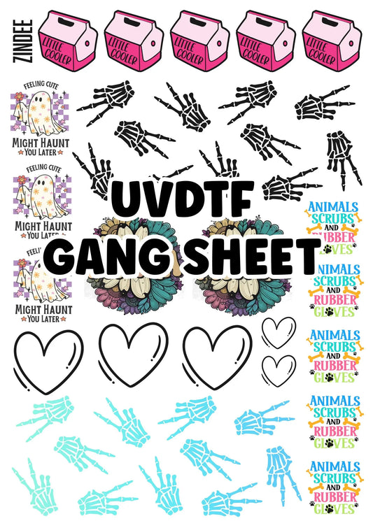 UV DTF gang sheet with hearts, skeleton hands, colorful text and other small designs.