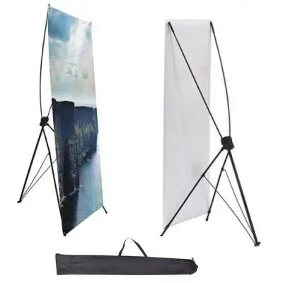 X banner stand shown from the front and back beside its carrying bag.